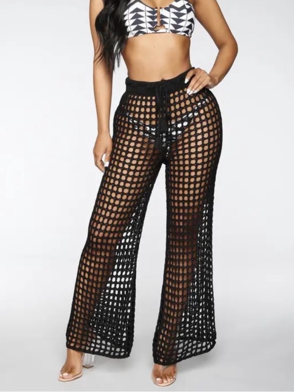 Black Crochet Knitted Wide-Leg Beach Pants Size S and M One Size